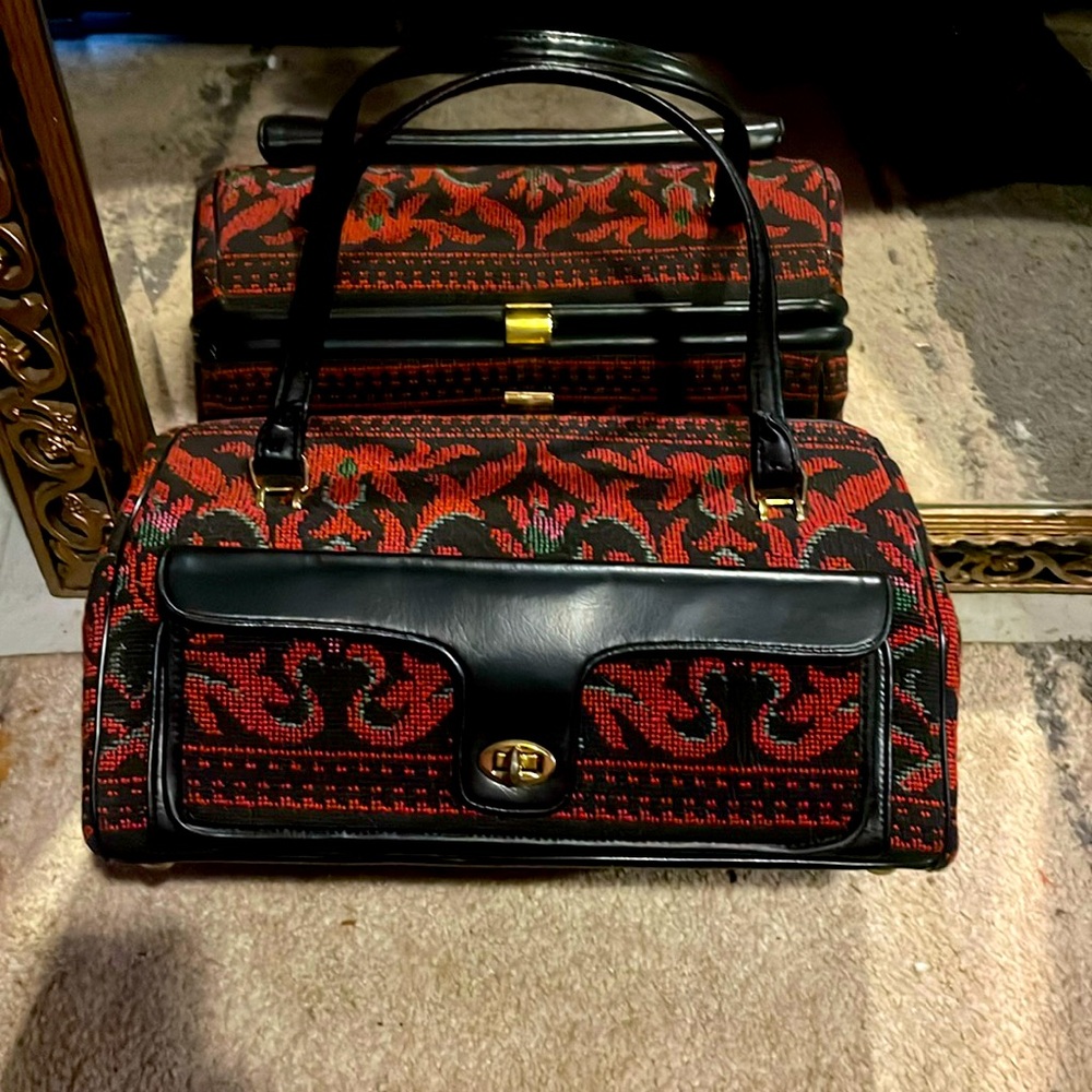Vintage Red Flocked Tapestry carry all handbag.